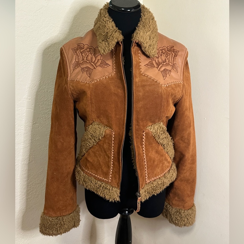 Brown Suede Shearling Jacket with Embroidered Yoke